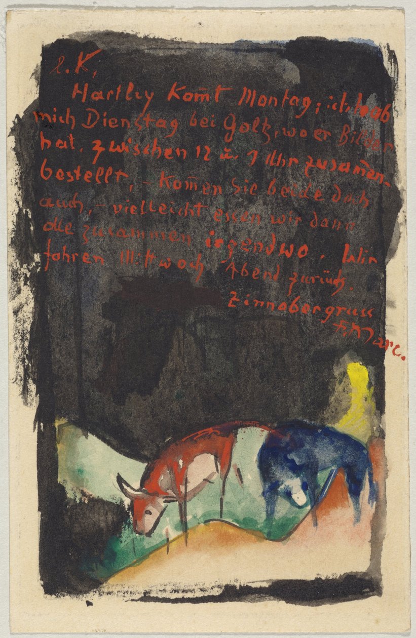 "Zinnobergrüss", Franz Marc från Sindelsdorf till Wassily Kandinsky i München: vykort, poststämpel 19 april 1913 av Franz Marc