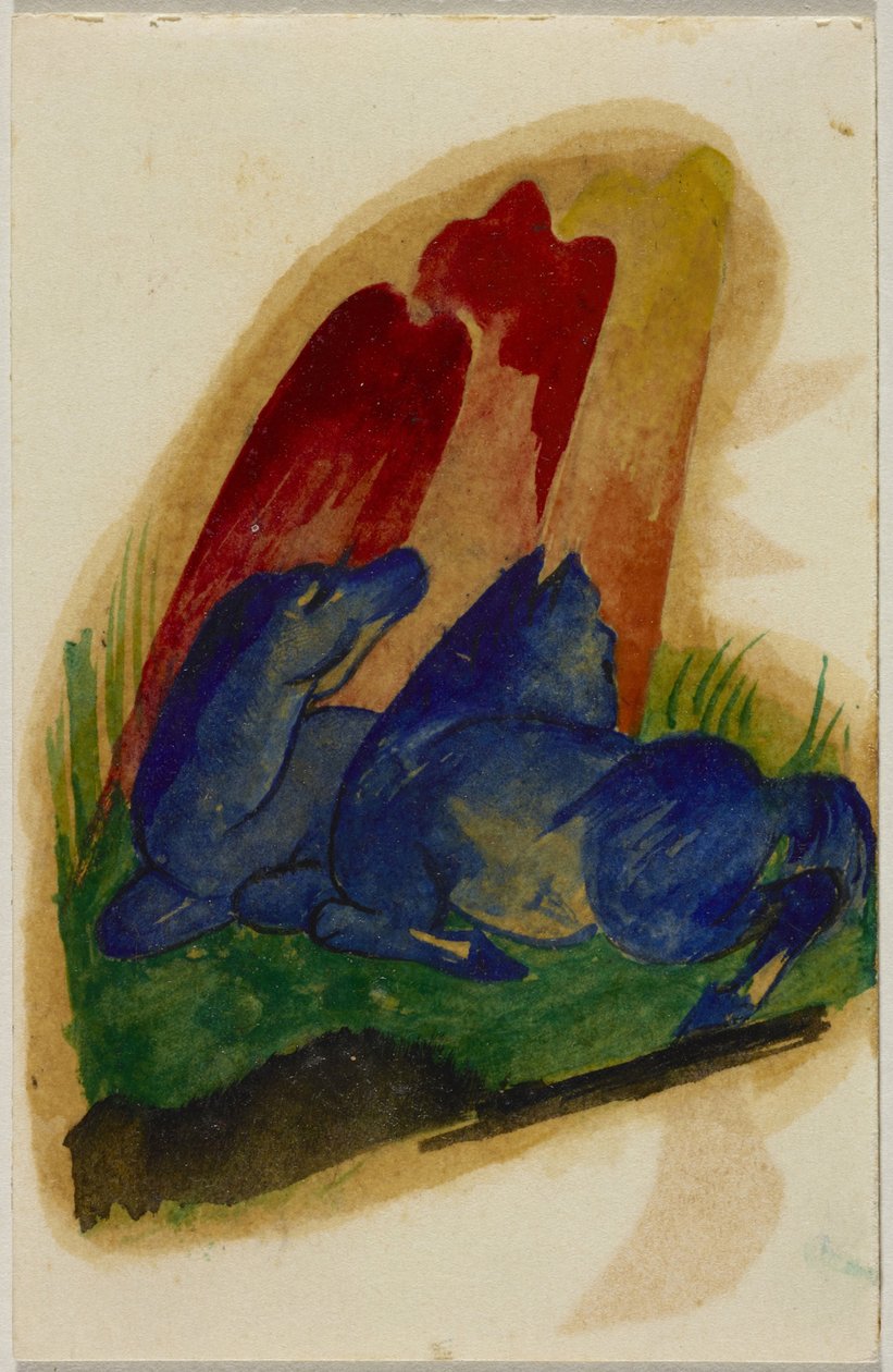 Två blå hästar framför en röd sten, vykort från Sindelsdorf till Wassily Kandinsky i München av Franz Marc