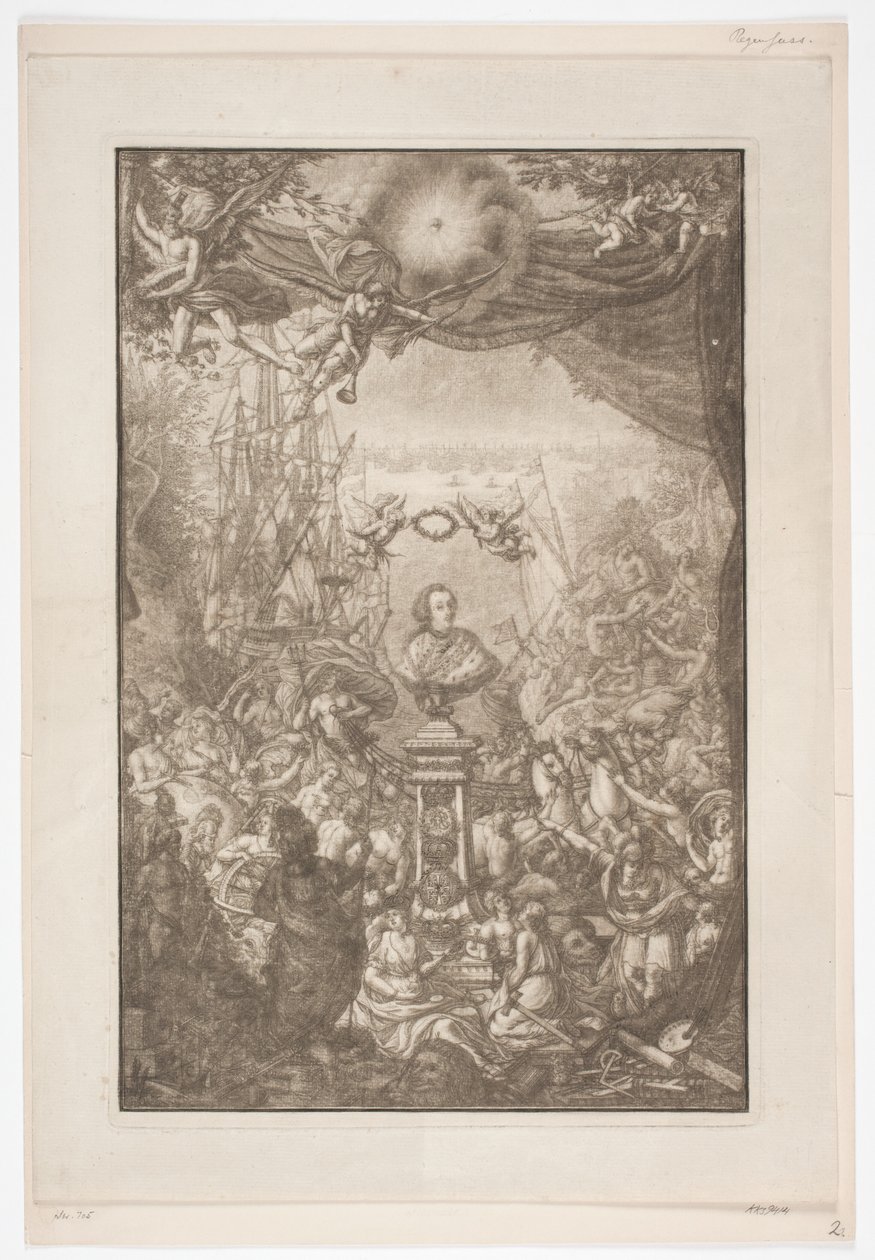 Titelblad med byst av Frederik V. för verket Auserlesene Schenecken, Muscheln. av Franz Michael Regenfus