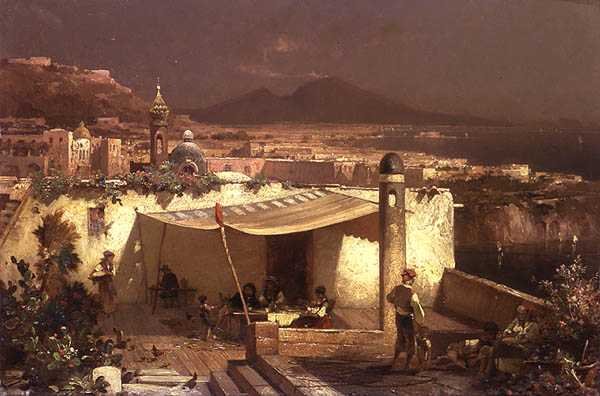 En terrass i Posilipo (olja på panel) av Franz Richard Unterberger