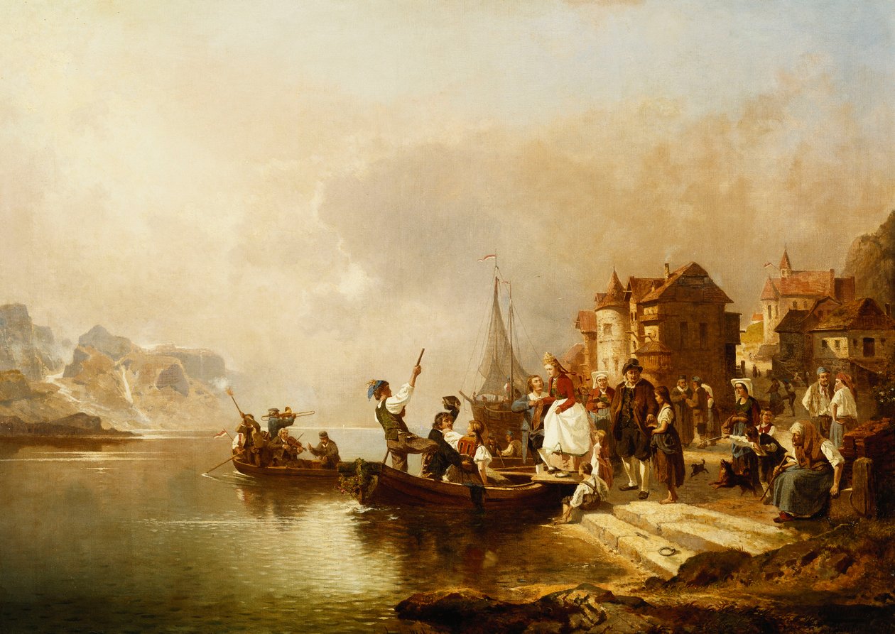 En bröllopsfest som går ombord på en båt, 1864 av Franz Richard Unterberger
