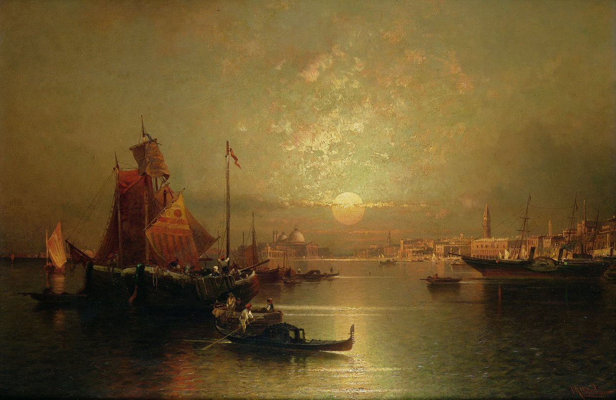 Frakt på lagunen, Venedig, vid solnedgången av Franz Richard Unterberger