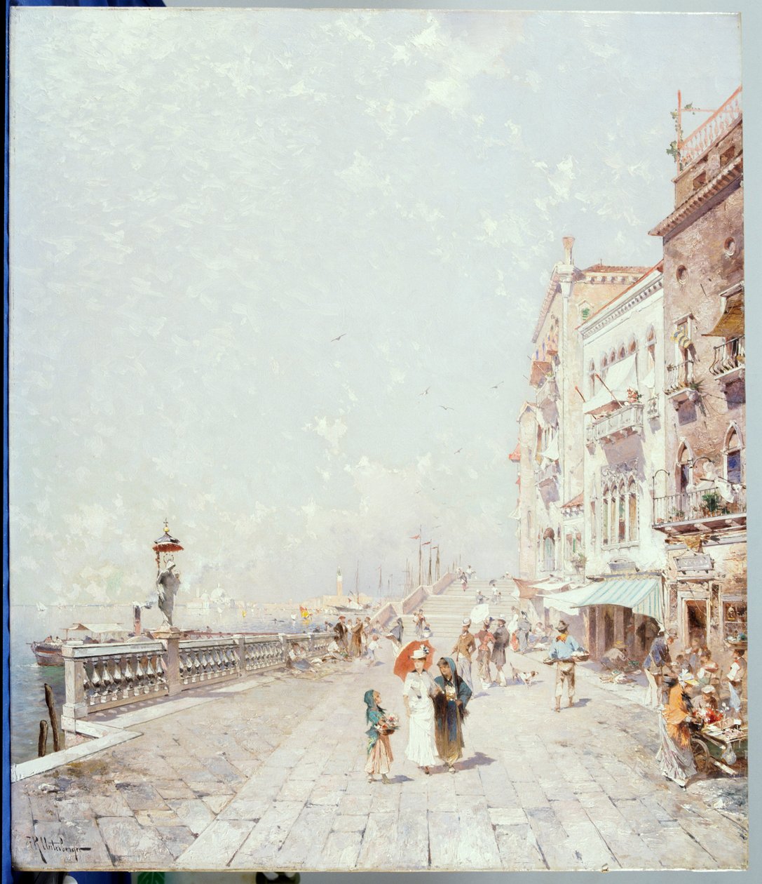 Molo, Venedig, tittar västerut med figurer som promenerar av Franz Richard Unterberger