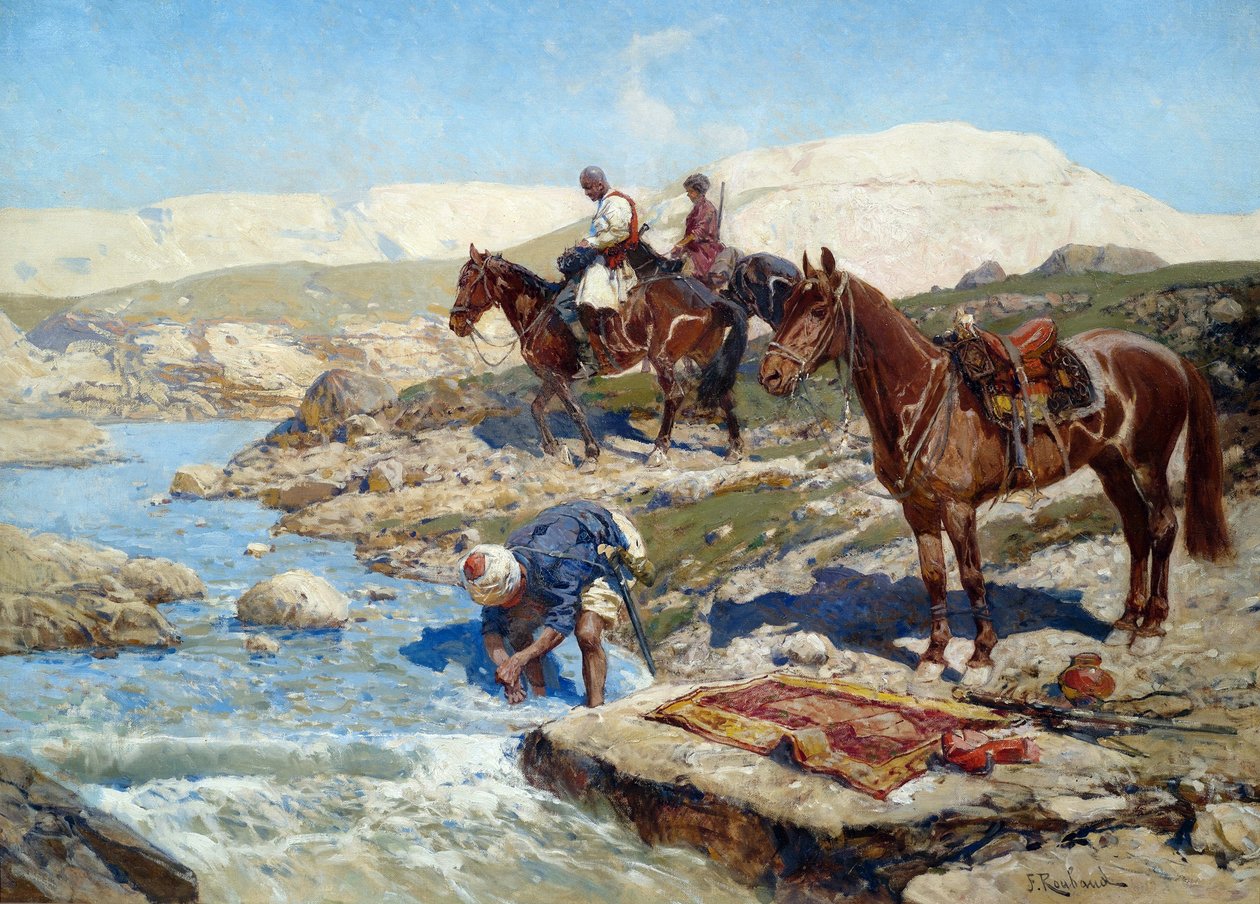Tjerkessiska ryttare som korsar floden av Franz Roubaud