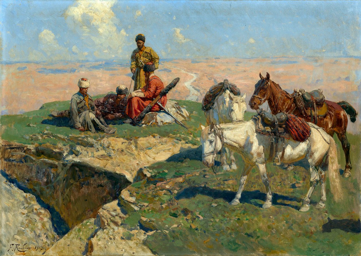De kaukasiska krigarnas stopp - Målning av Franz Roubaud (1856-1928) av Franz Roubaud