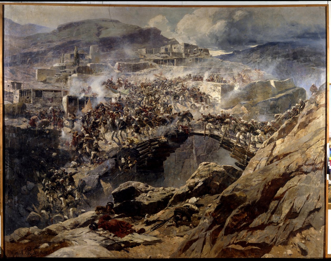 The Siege of Akhoulgo (The Siege of Akhoulgo): År 1839 belägrades Shamil (Imam Shamil, Shamil) (1797-1871) och hans muslimska anhängare från Kaukasus i deras bergsfort, innan de massakrerades av den ryska armén - Målning av Franz Roubaud (1856-19 av Franz Roubaud