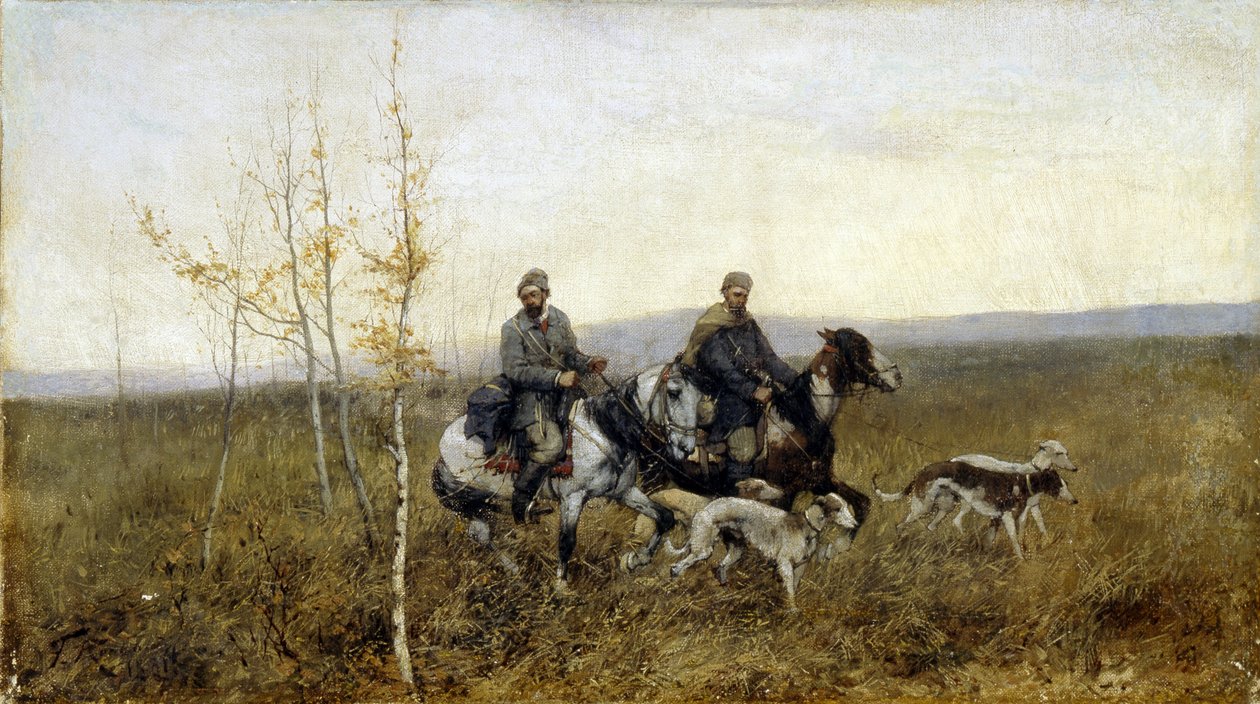 Jägarna. Målning av Franz Roubaud (1856-1928), olja på duk av Franz Roubaud