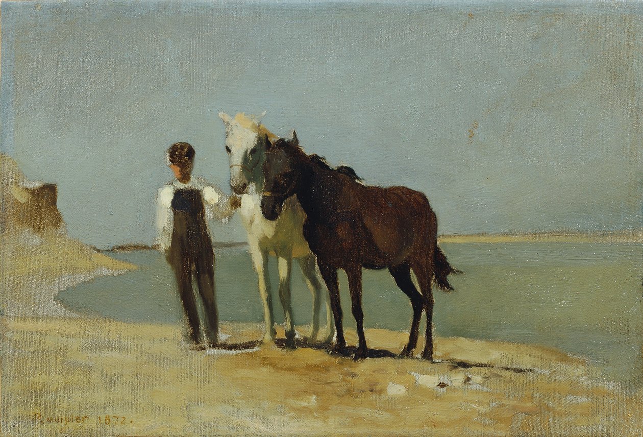 En pojke med hästar på stranden av Franz Rumpler
