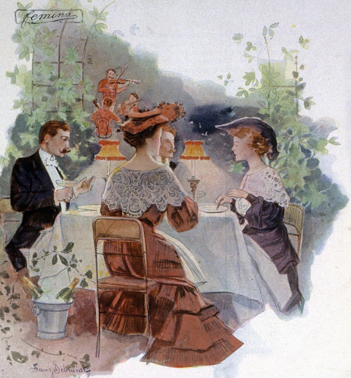 Middag på en restaurang i Bois de Boulogne, ca 1900 (illustration av Franz Schmidt