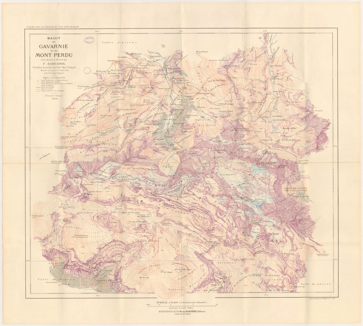 Karta över Gavarnie-massivet och Mont Perdu publicerad 1914 av Franz Schrader