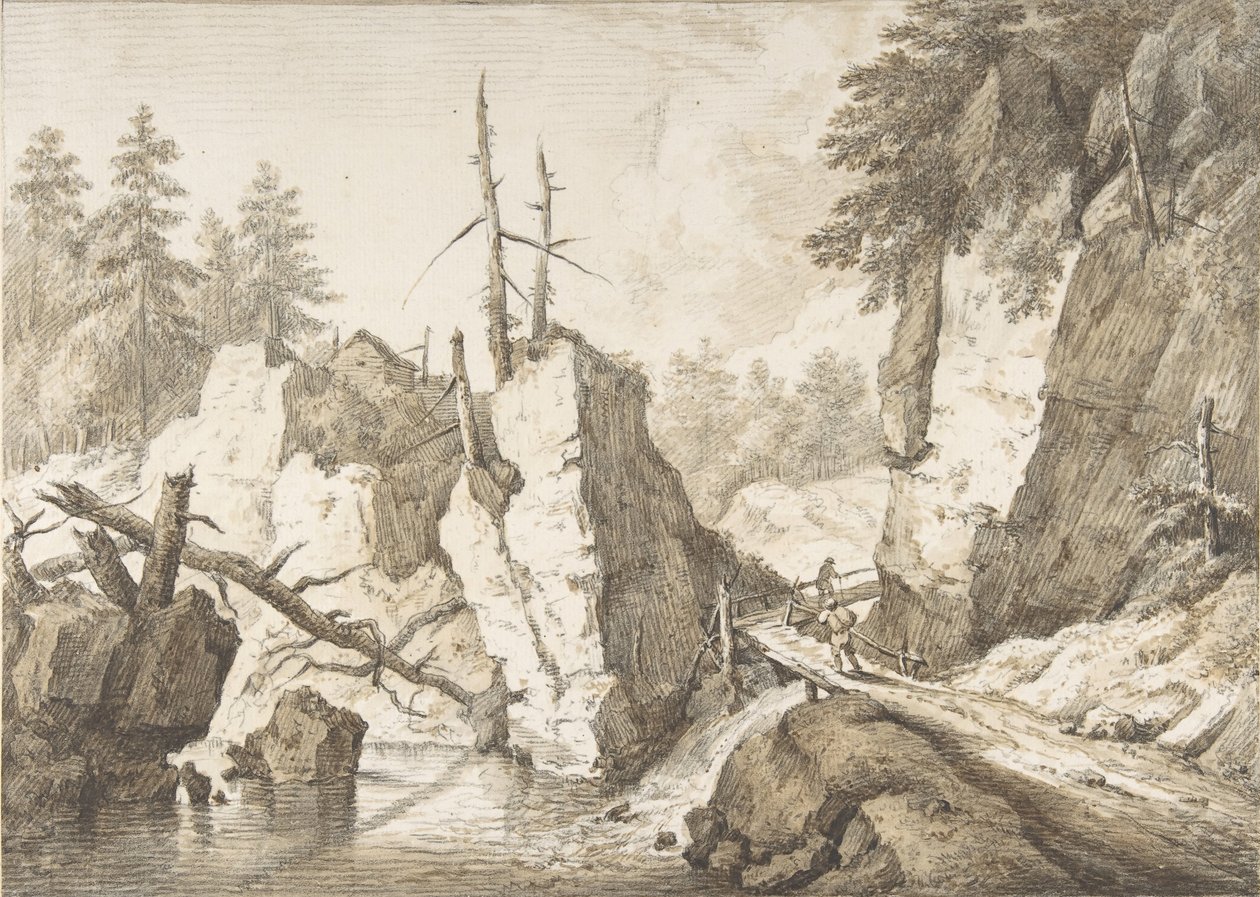 Schweiziskt bergslandskap med liten bro över en bäck, 1751-81. av Franz Schutz