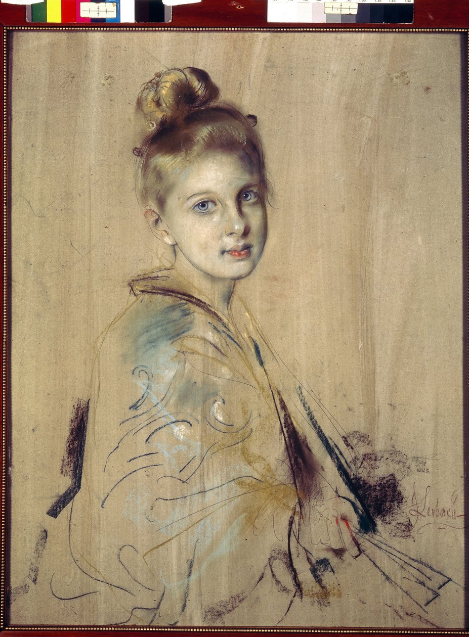 Ung flicka med en fläkt (flicka med en fläkt). Verk av Franz von Lenbach (1836-1904), pastell på kartong, omkring 1880. Tysk 1800-talskonst. State Hermitage, Sankt Petersburg. av Franz Seraph von Lenbach