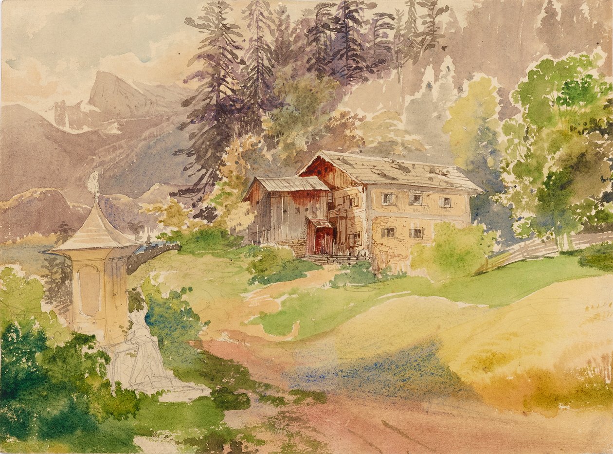 Alpint landskap med bondgård och kvinna framför en helgedom av Franz Steinfeld