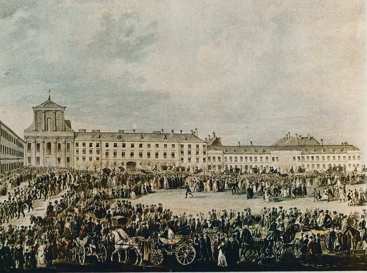 Ludwig van Beethovens begravningsprocession 1827 från Schwarzspanierhaus till Heliga Trefaldighetskyrkan på Alsergasse i Wien (akvarell) av Franz Stober