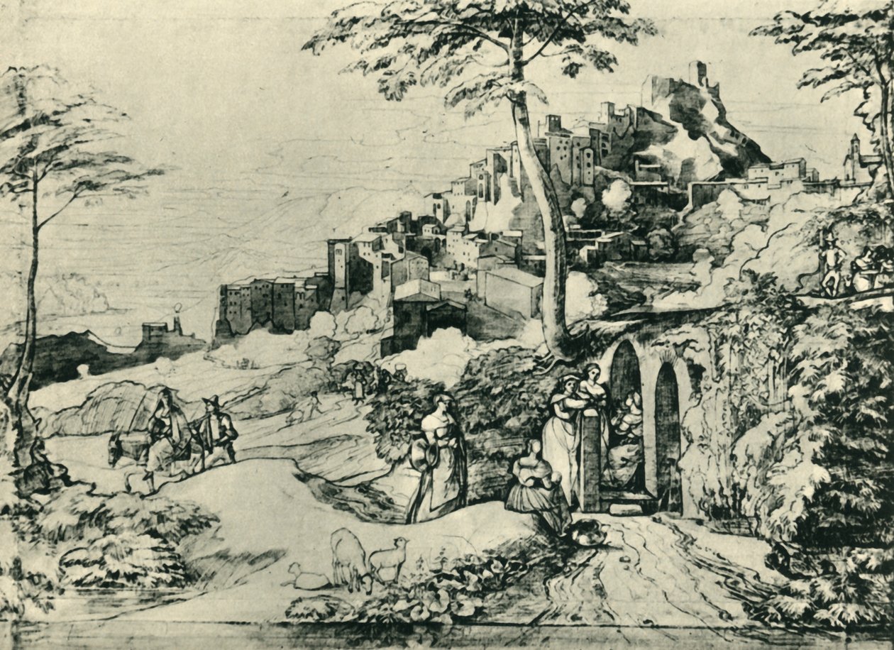 Kvinnor vid en vattenfontän i Olevano, nära Rom, Italien, 1822, 1943. av Franz Theobald Horny