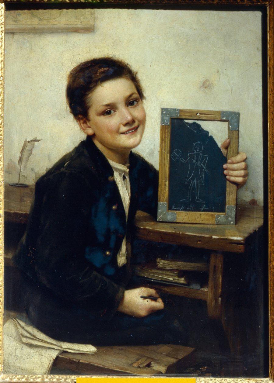 Ecolier (Skolpojke) - Målning av Franz Thone (1851-1906), olja på trä, 50x38 cm av Franz Thone