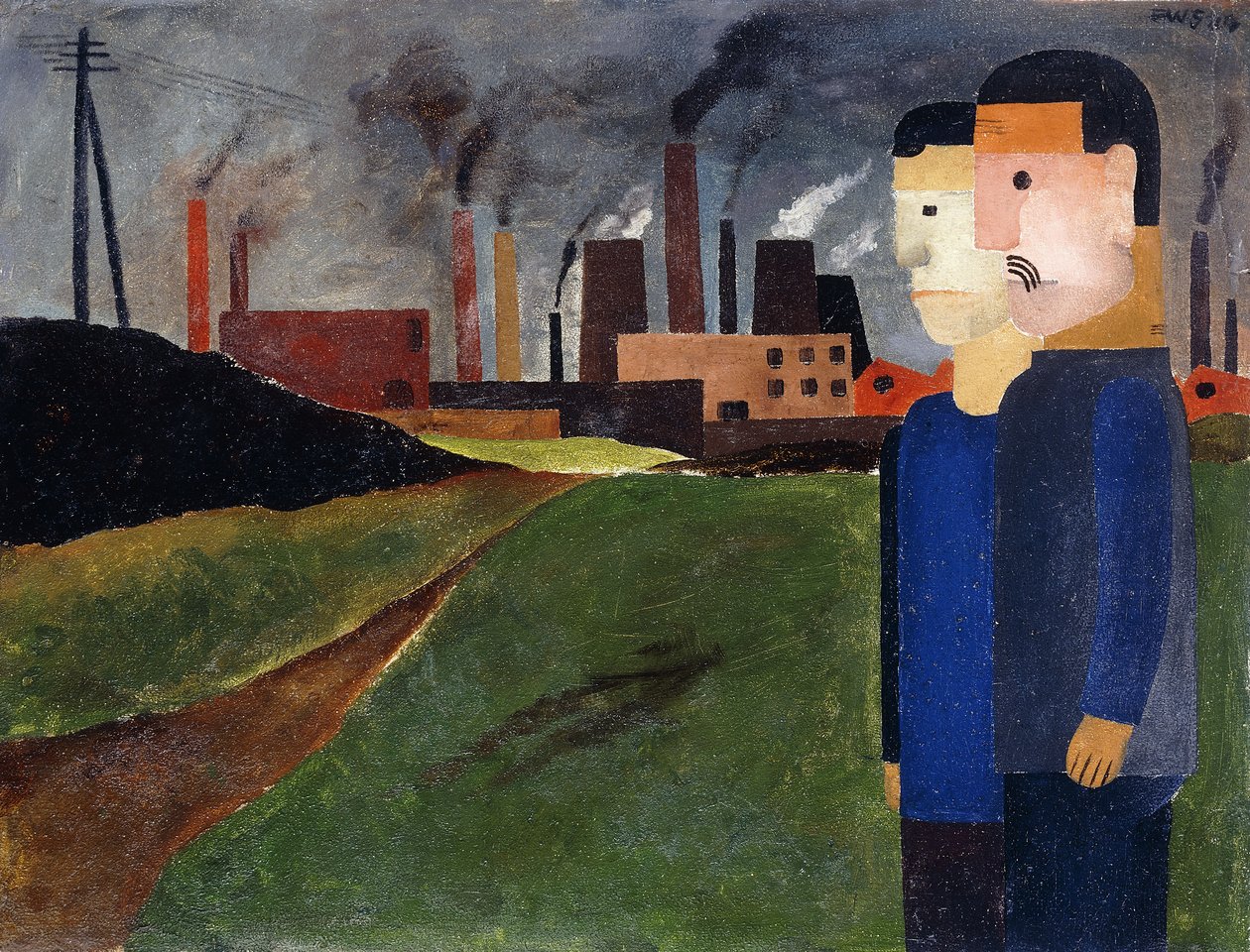 Industrilandskap och arbetare; Industriellt landskap med arbetare av Franz W. Seiwert