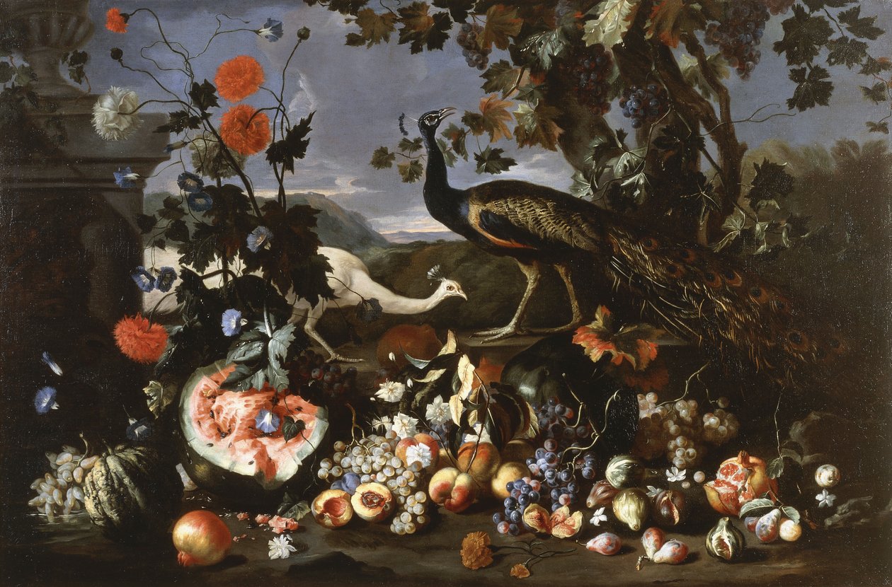 En påfågel och en penhen med frukt och blommor i en park, av Franz Werner Tamm