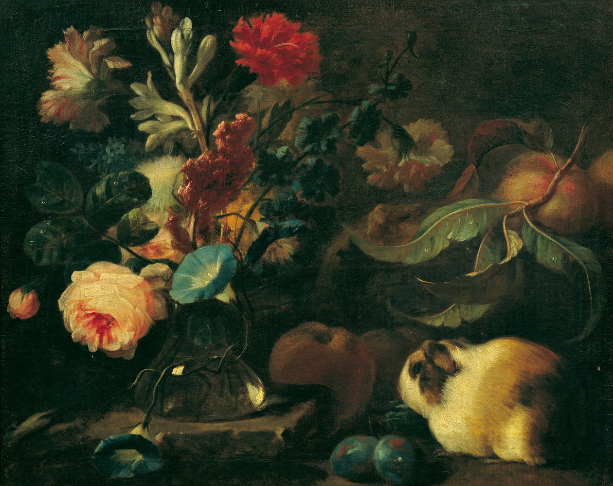 Stilleben med marsvin, blommor och frukter av Franz Werner Tamm
