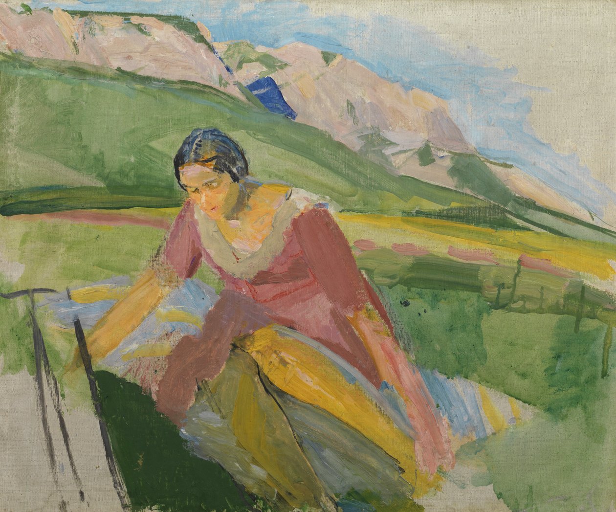 Ung kvinna i ett landskap (Kärnten), ca 1930-38 (olja på duk) av Franz Wiegele
