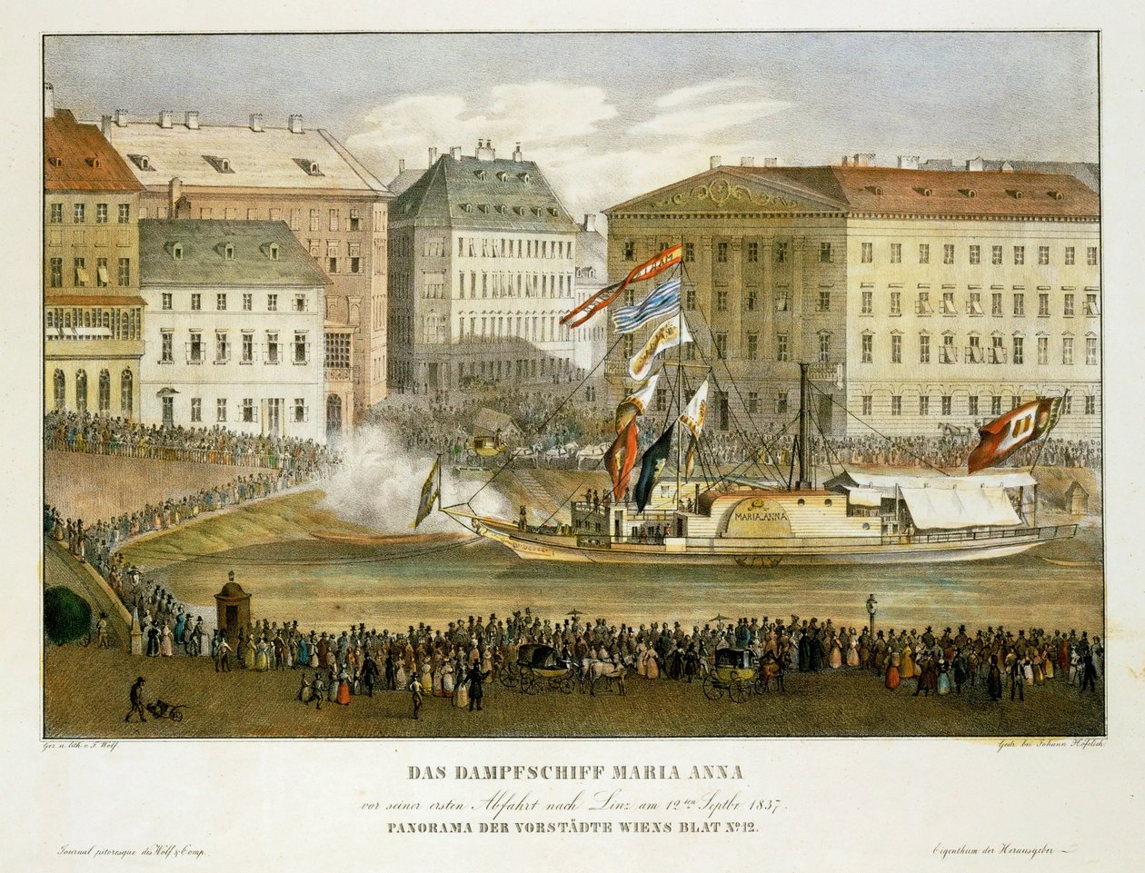 Ångfartyget Maria Anna, avgång till Linz 12 ... (litografi) av Franz Wolf