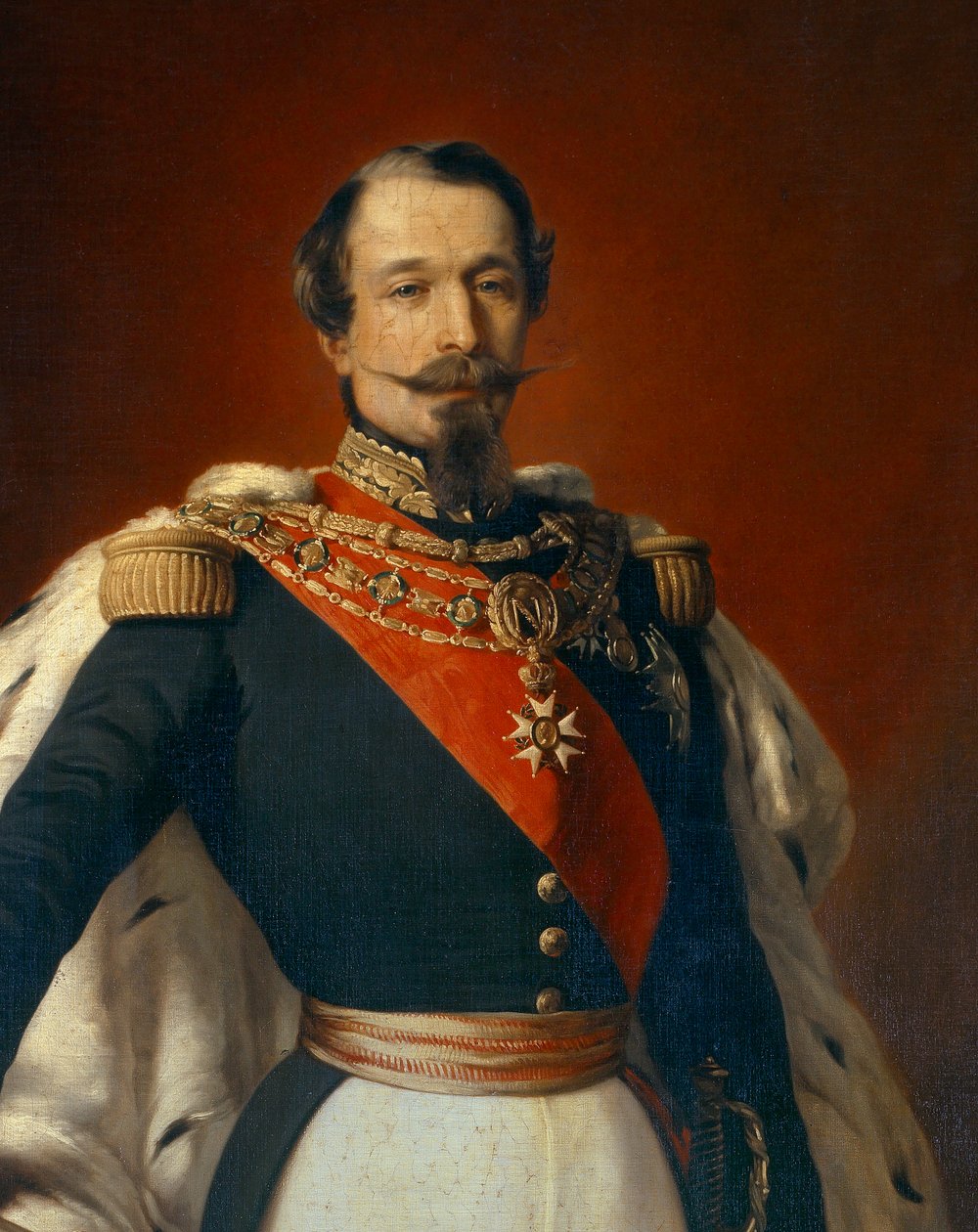 Porträtt av Napoleon III (1808-1873), fransmännens kejsare framför utsikt över Chateau de Saint Cloud. Detalj av målning av Franz Xaver Winterhalter (1806-1873) 1855 Dim. 2,4x1,5 m av Franz Xaver  Winterhalter (after)