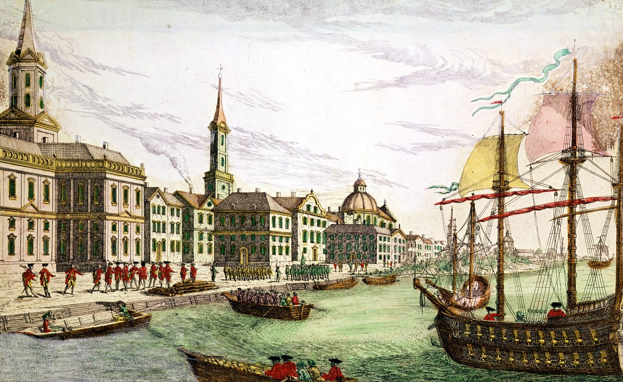 De engelska truppernas landstigning i New York, 29 juni 1776 (färgad gravyr) av Franz Xaver Habermann