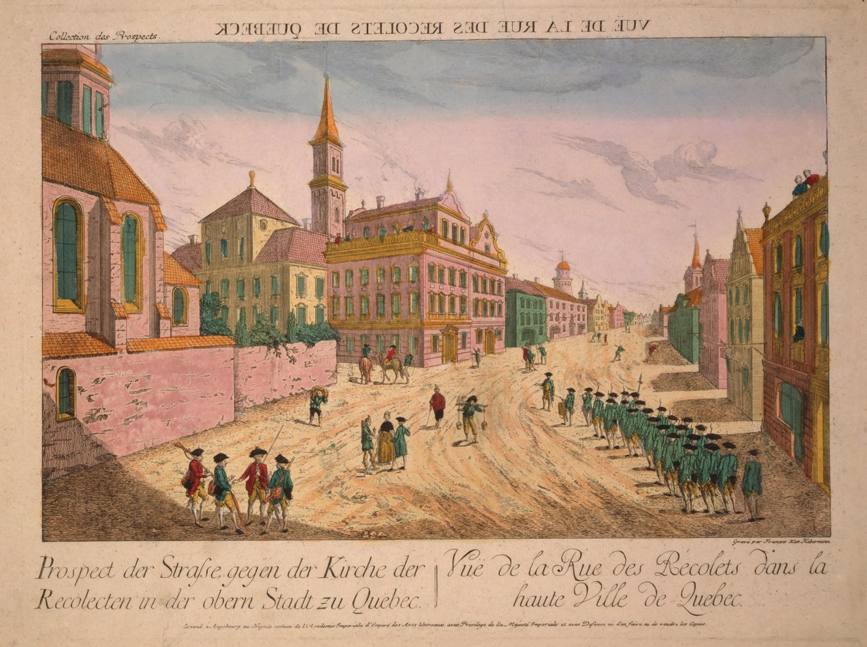 Vuë de la Rue des Recolets de Quebec, publicerad på 1770-talet (handkolorerad gravyr) av Franz Xaver Habermann