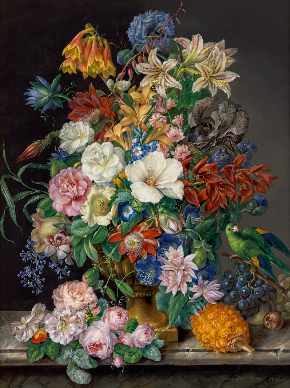 Blomma bit med ananas, vindruvor och papegoja av Franz Xaver Petter