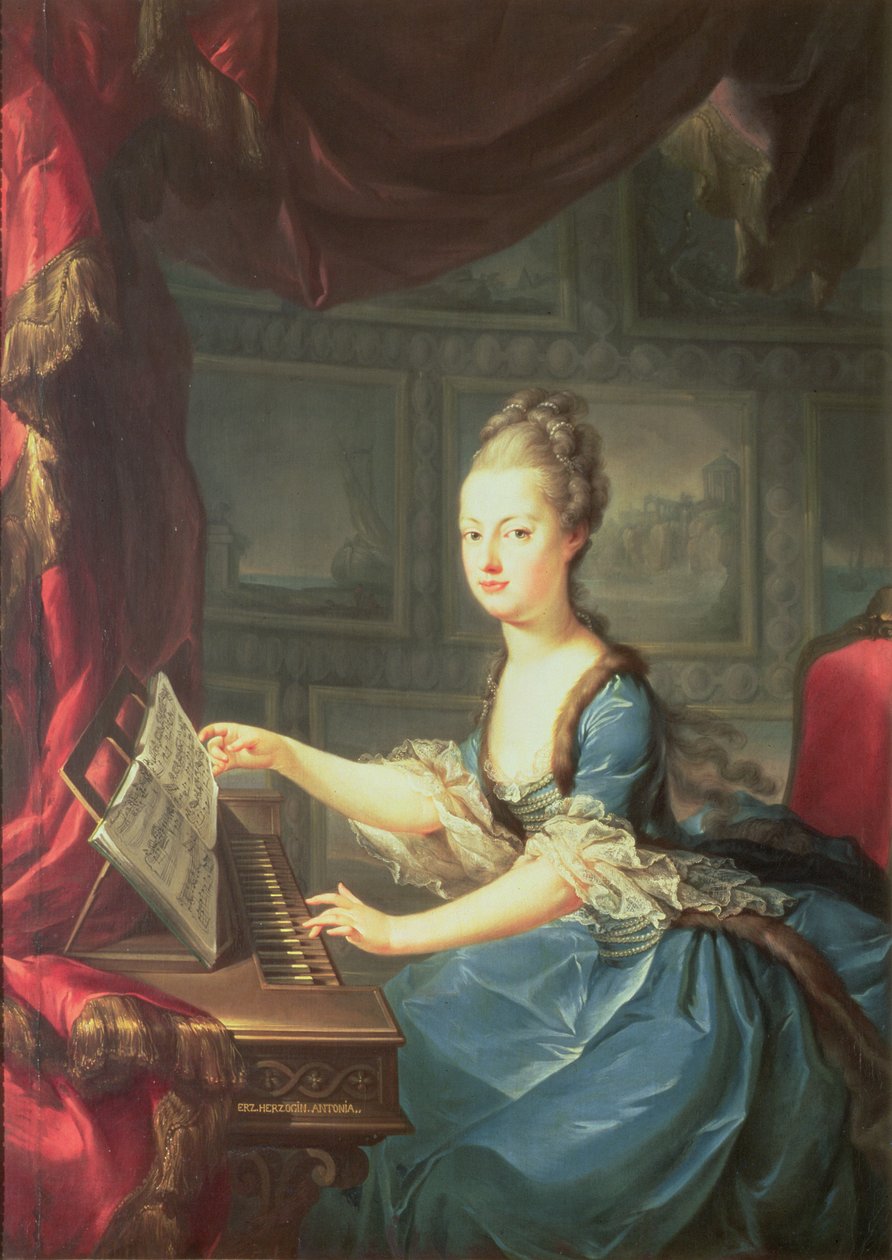Ärkehertiginnan Marie Antoinette Habsburg-Lothringen (1755-93) vid spinnet, femtonde barn till kejsarinnan Maria Theresia av Österrike (1717-80) och kejsar Frans I (1708-65) hustru till Ludvig XVI av Frankrike (17) av Franz Xaver Wagenschon