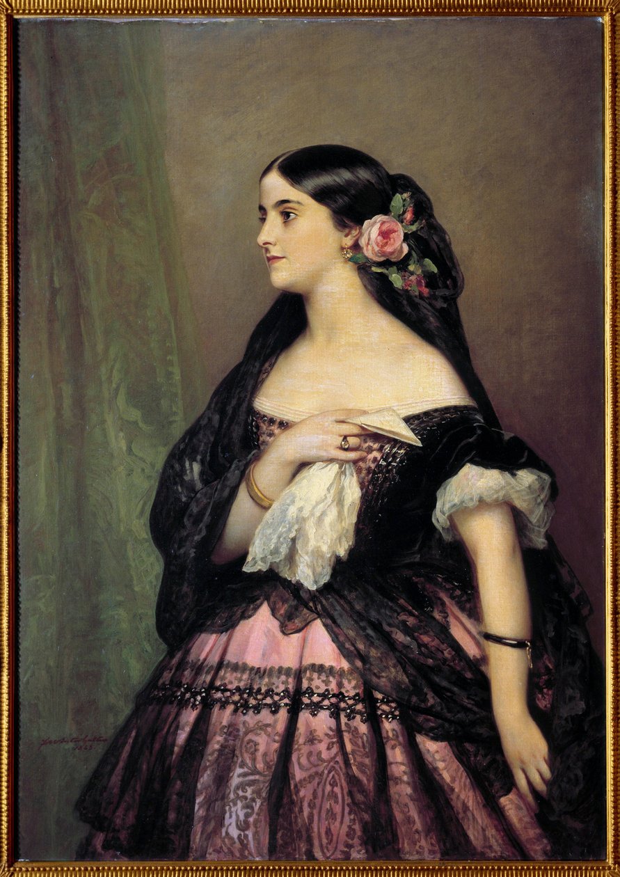 Adelina Patti. Porträtt av sångerskan Adelina Patti (1843-1919), spansk sopran som tolkar rollen som Rosine i "Barberaren från Sevilla" (Barberaren från Sevilla) av Gioacchino Rossini. Målning av Xaver Winterhalter (1806-1873) av Franz Xaver Winterhalter