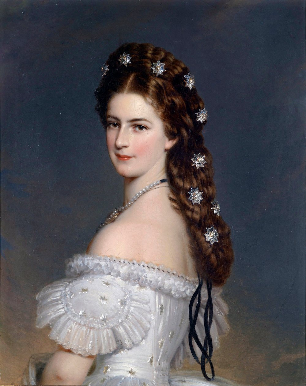 ""Porträtt av Elisabeth av Wittelsbach (1837-1898) (sissi eller sisi), kejsarinna av Österrike (1854-1898) och drottning av Ungern (1867-1898)"" Målning av Franz Xavier Winterhalter (1805-1873) ca 1860 Privat samling av Franz Xaver Winterhalter
