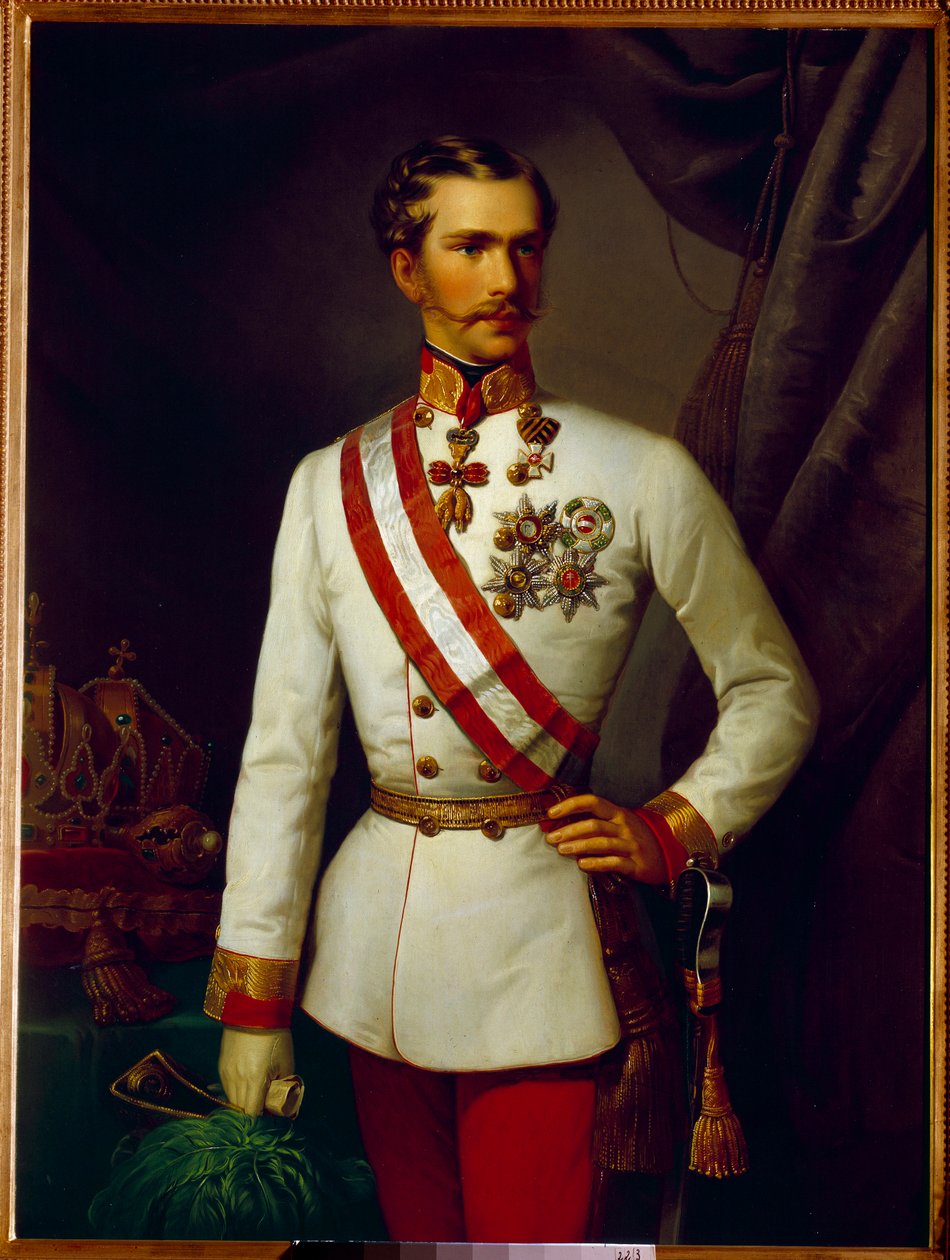 Porträtt av Francois Joseph av Österrike var 28 år gammal i ceremoniell uniform (1830-1916). Målning av Francois Xaver Winterhalter (1806-1873) av Franz Xaver Winterhalter