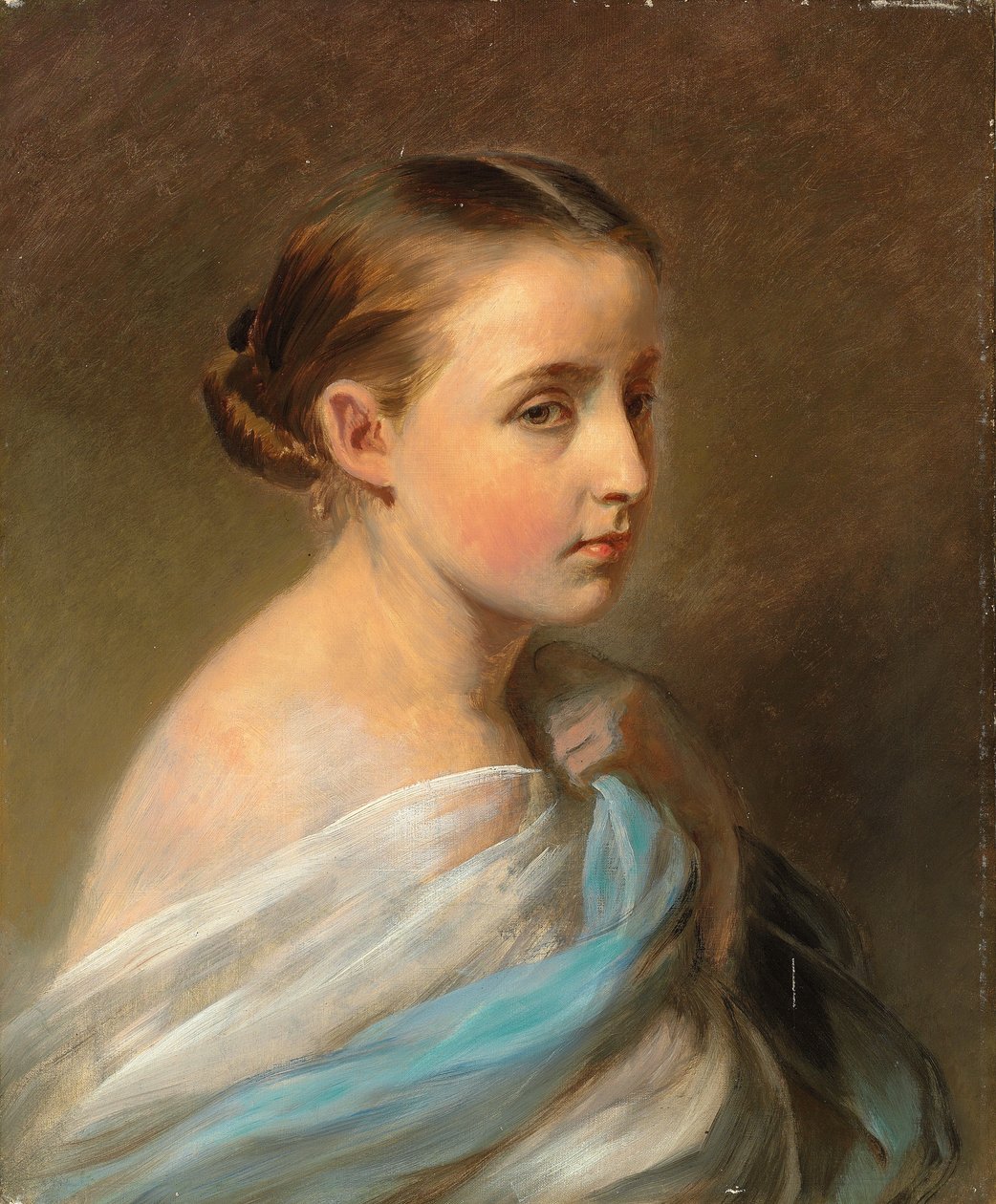 Porträtt av en flicka, huvud och axlar, draperad i en blå och vit omslag, ca 1850 av Franz Xaver Winterhalter