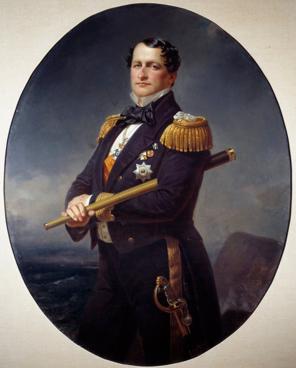 Porträtt av en amiral En marin amiral, med en lång vy, ett marint landskap på baksidan. Målning av Xaver Winterhalter (1806-1873) 1800-talets Brest, Museum of Fine Arts av Franz Xaver Winterhalter