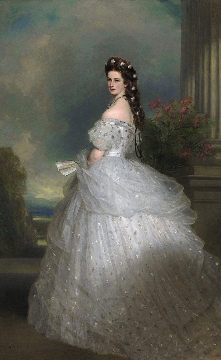 Portugisiska: Kejsarinnan Elisabeth av Österrike: Hennes hår pryds av stjärnor i vitt guld med diamanter. Kejsarinnan Elisabeth av Österrike i hövisk galaklänning med diamantstjärnor av Franz Xaver Winterhalter