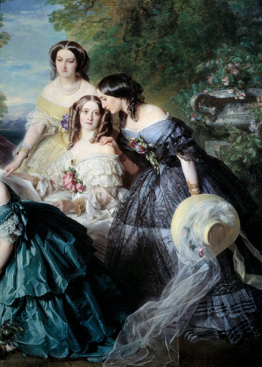 Impress Eugenie (1826-1920) 1855 omgav hedersdamerna i Detail Palace som representerade baronessan av Malaret, född Nathalie de Segur (gul), Marquise de las Marismas (vit) och Marquise de La Tour Maubourg. Målning av Franz Xavier Wi av Franz Xaver Winterhalter