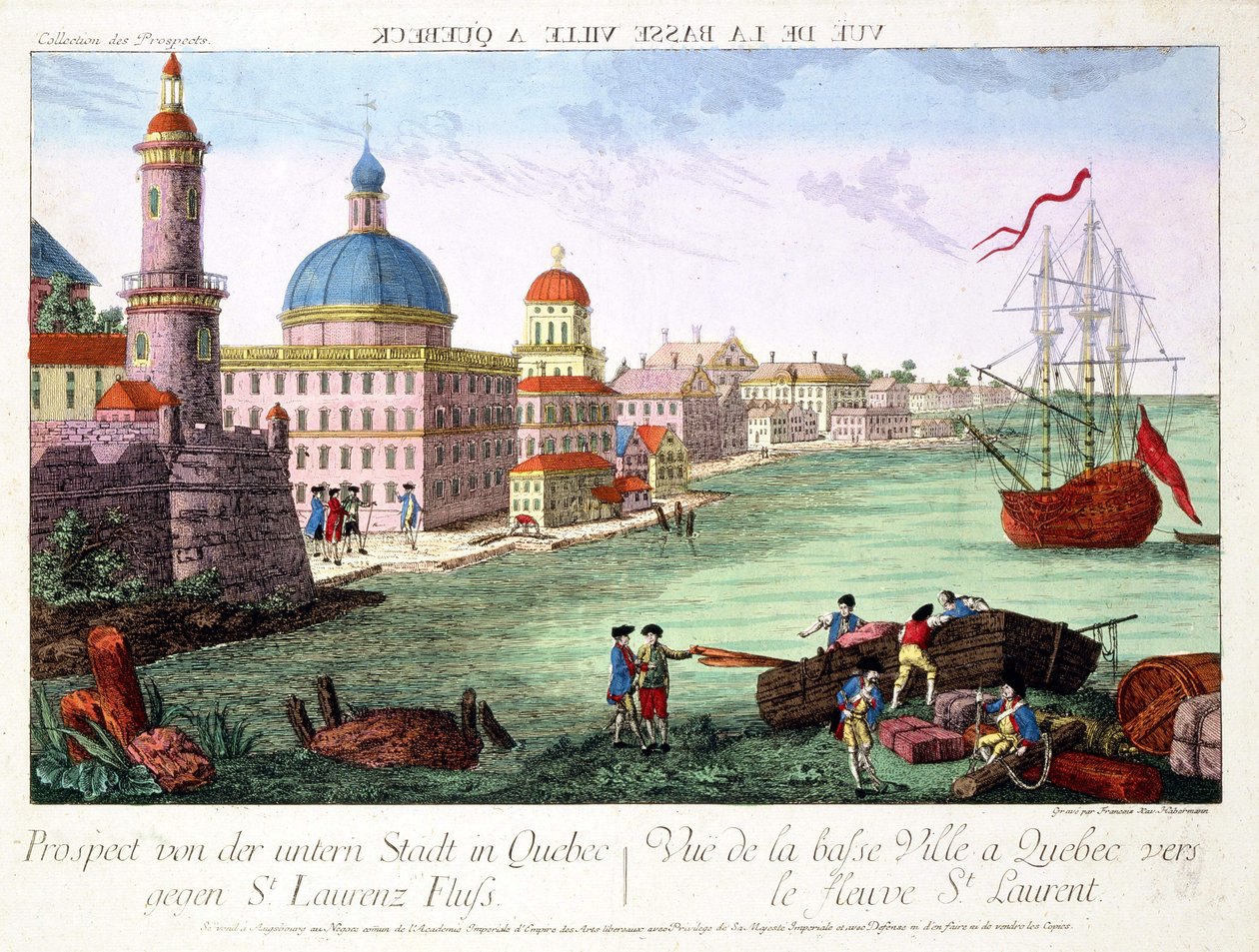 Utsikt över Lower Town i Quebec mot St. Lawrence River. Gravyr av Franz-Xavier Habermann av Franz Xavier Habermann