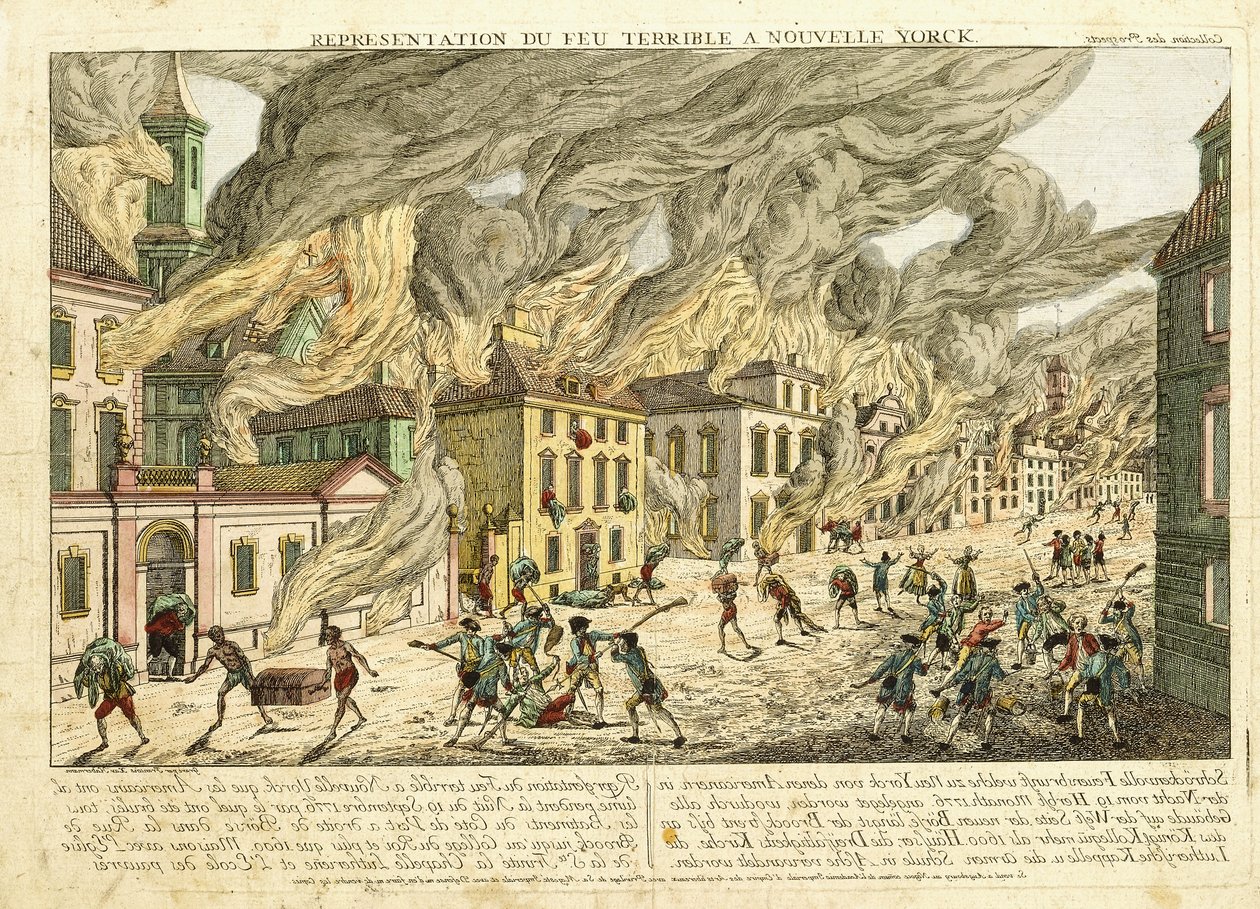 Vy över New York under den stora branden 1776; Representation du Fue Terrible a Nouvelle York, 1780 av Franz Xaver Habermann