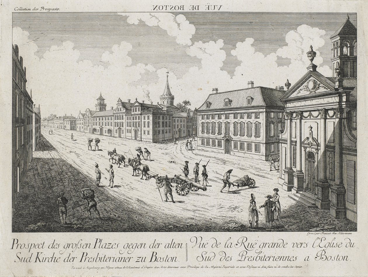 Vue d’Optique/Prospect des grossen Platser gegen der Alten Sud Kirche der Presbiterianer zu Boston (Optisk vy/vy över de stora torgen mot Old South Presbyterian Church i Boston), ca. 1776 (etsning och gravyr, ofärgad på lagt papper) av Franz Xavier Habermann