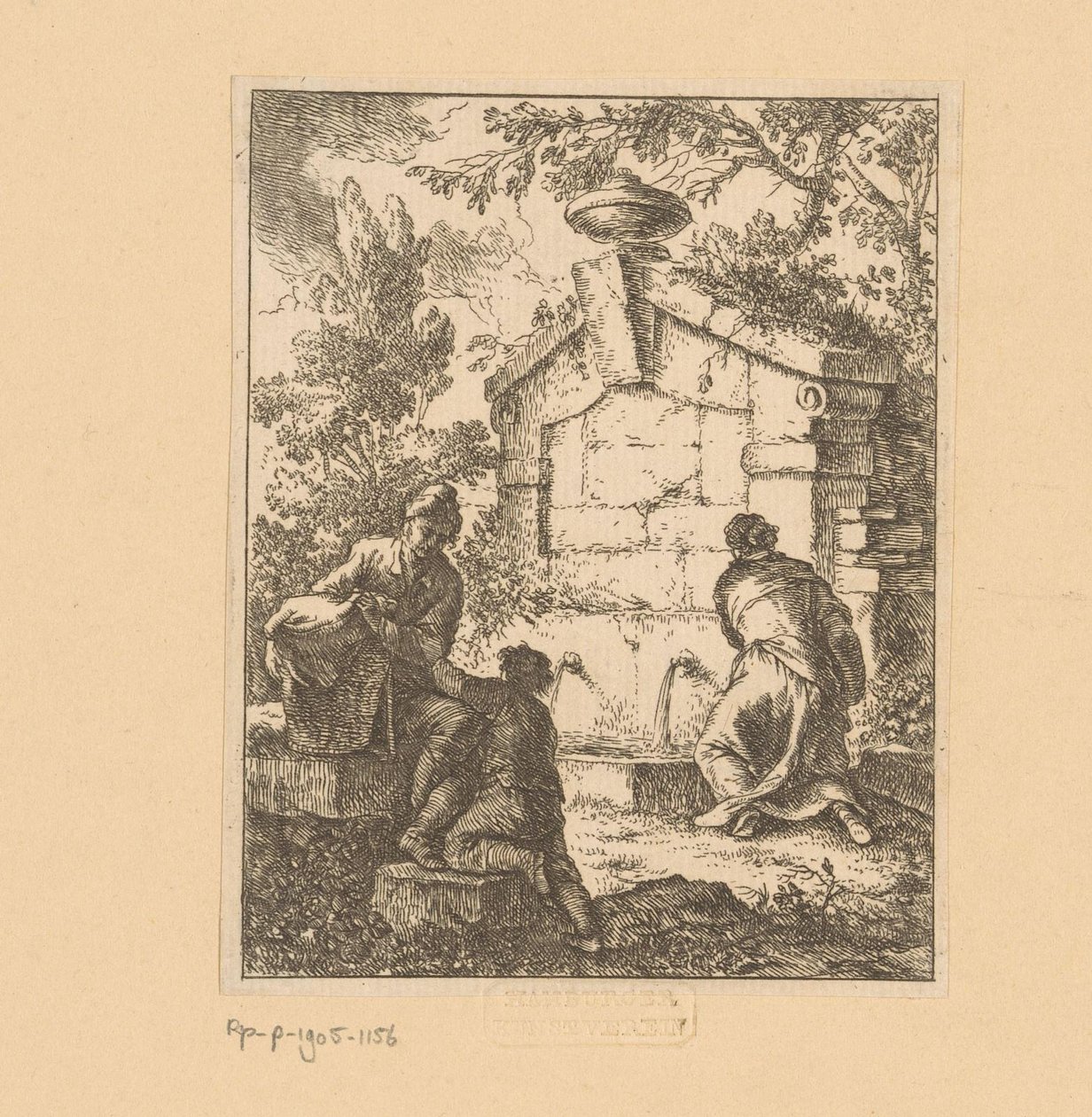 Tre resenärer hämtar vatten från en ruin Capricci Fatti (serietitel) av Franz de Paula Ferg