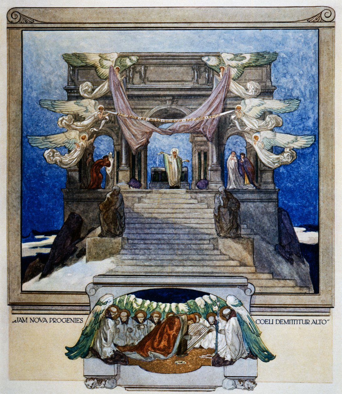 Och ny avkomma stiger ned från himlen, skärselden, canto XXII, Gudomlig komedi av Dante Alighieri, illustration av Franz von Bayros (1866-1924), Wien av Franz von  Bayros