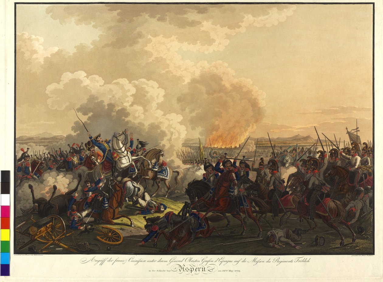 Slaget vid Aspern 1809 (gravyr i färg) av Franz von Habermann
