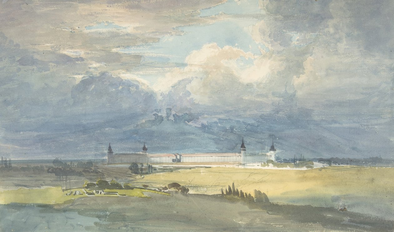 Landskap med stor byggnad, 1818-83. av Franz von Hauslab
