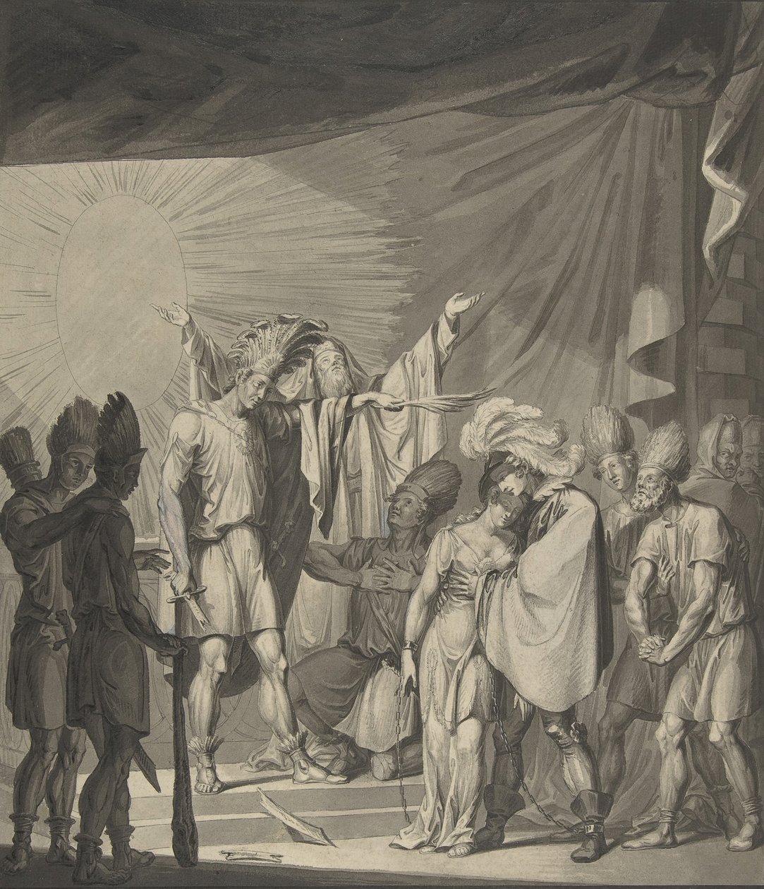 Solkungen smörjer ett bundet par, från August von Kotzebues Die Sonnenjungfrau, 1800-talet. av Franz von Hauslab