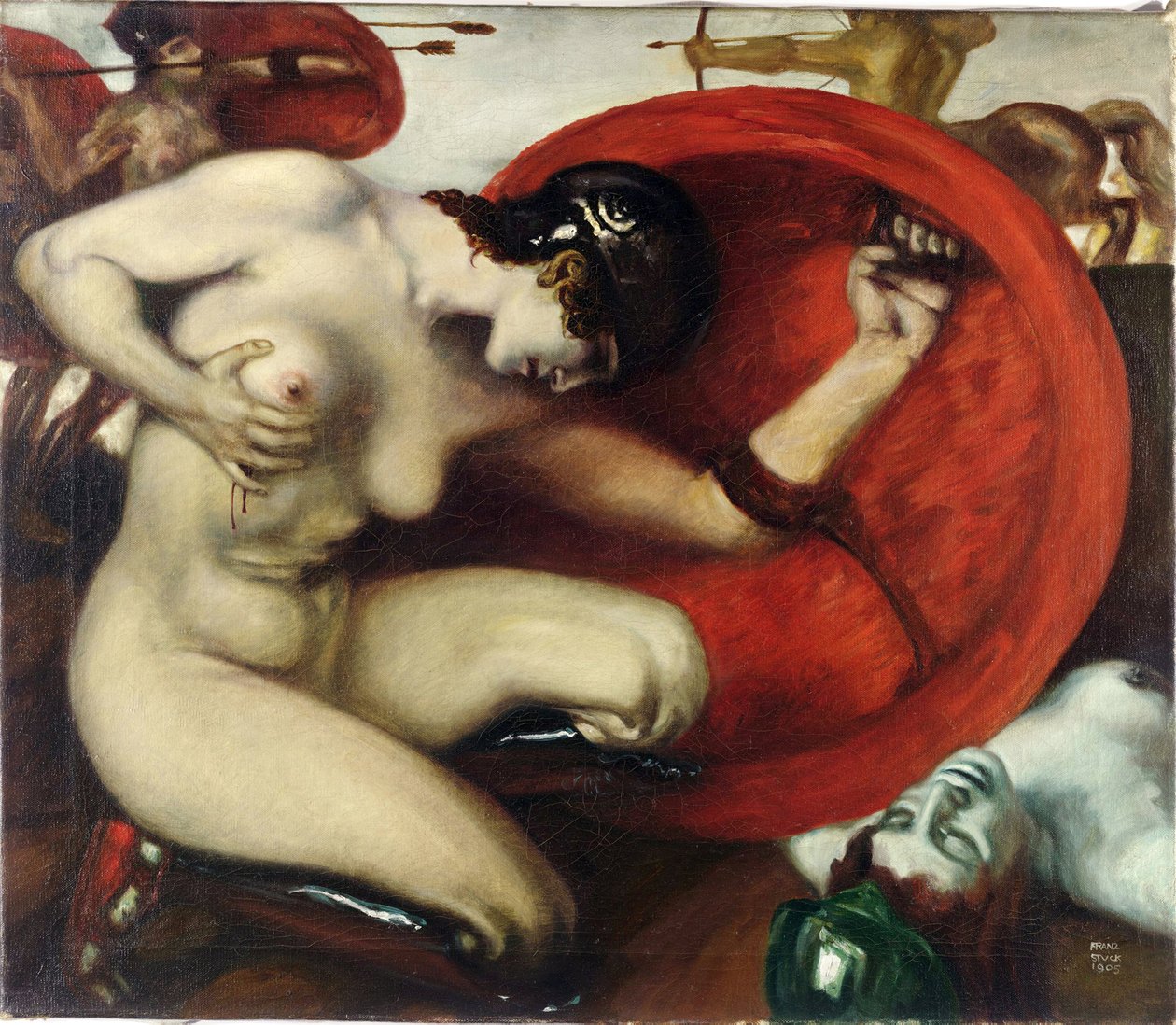 Amazone blessee - Wounded Amazon par Stuck, Franz, Ritter von (1863-1928). Olja på duk, storlek: 62,8x72,7 av Franz von Stuck