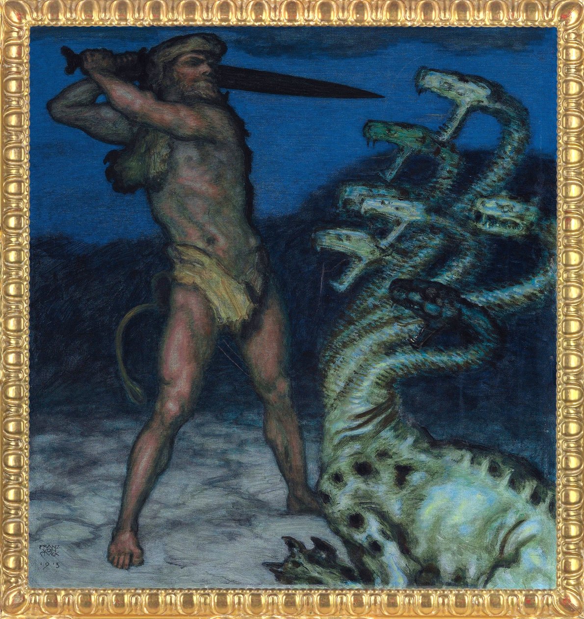 Hercules och Hydra - Peinture de Franz Ritter von Stuck (1863-1928) - 1915 - Syntonos färger på duk - Museum Villa Stuck av Franz von Stuck