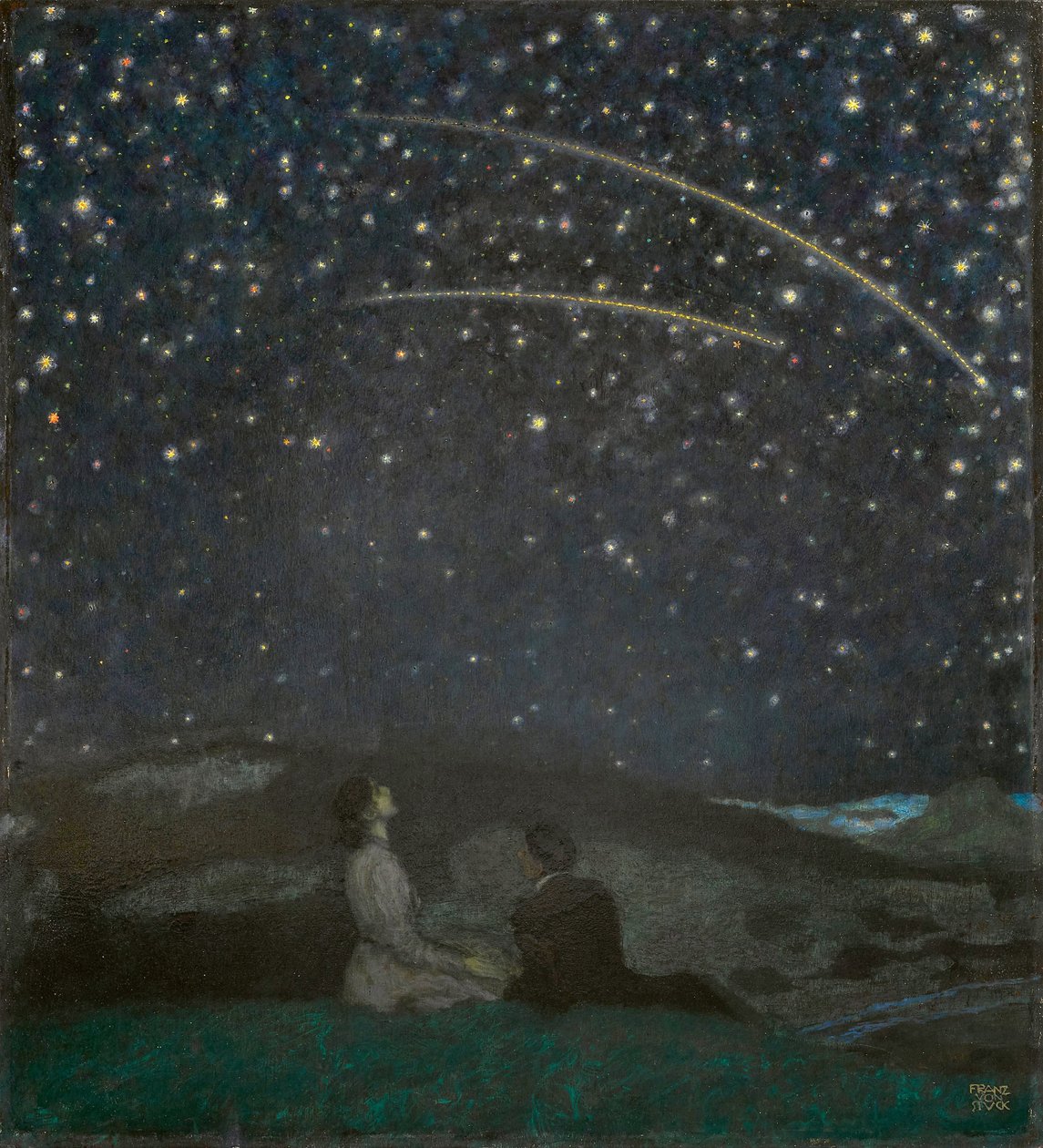 Les etoiles filantes (Franz et Mary von Stuck) - Shooting Stars (Franz och Mary Stuck), av Stuck, Franz, Ritter von (1863-1928). Olja på trä av Franz von Stuck