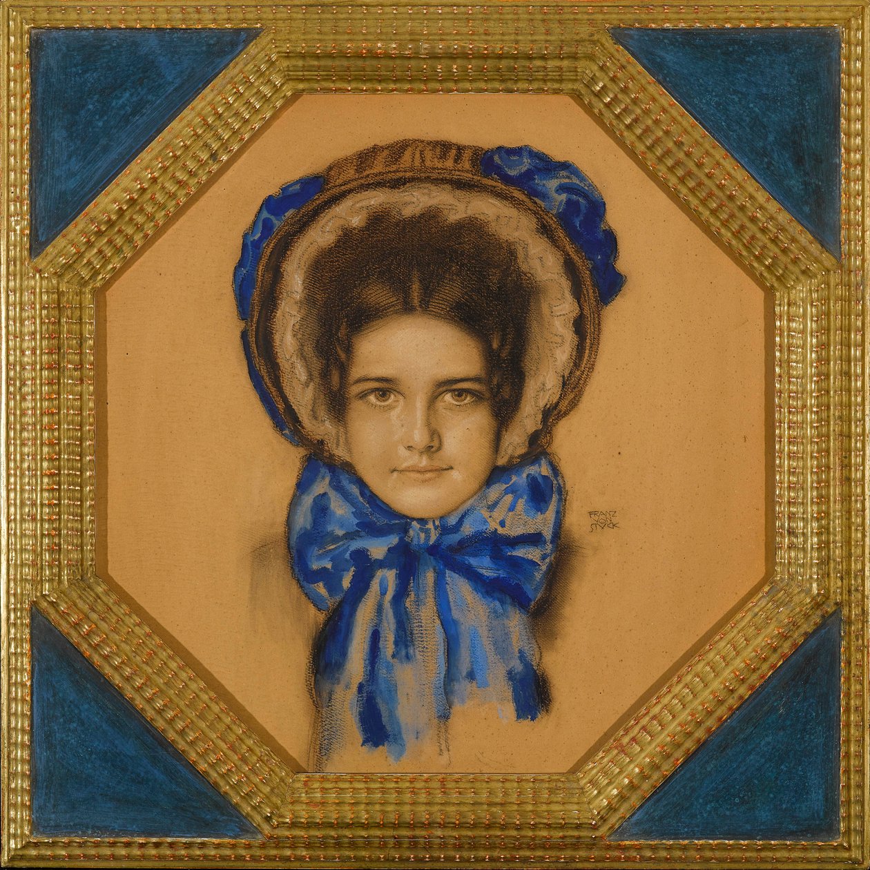 Marie avec un chapeau (typ kapot) - Dotter Mary med en Poke bonnet - Franz-Ritter (Franz Ritter) von Stuck (1863-1928). Gouache, pastell och kol på kartong Mått: 55x49,3 cm Privat samling av Franz von Stuck