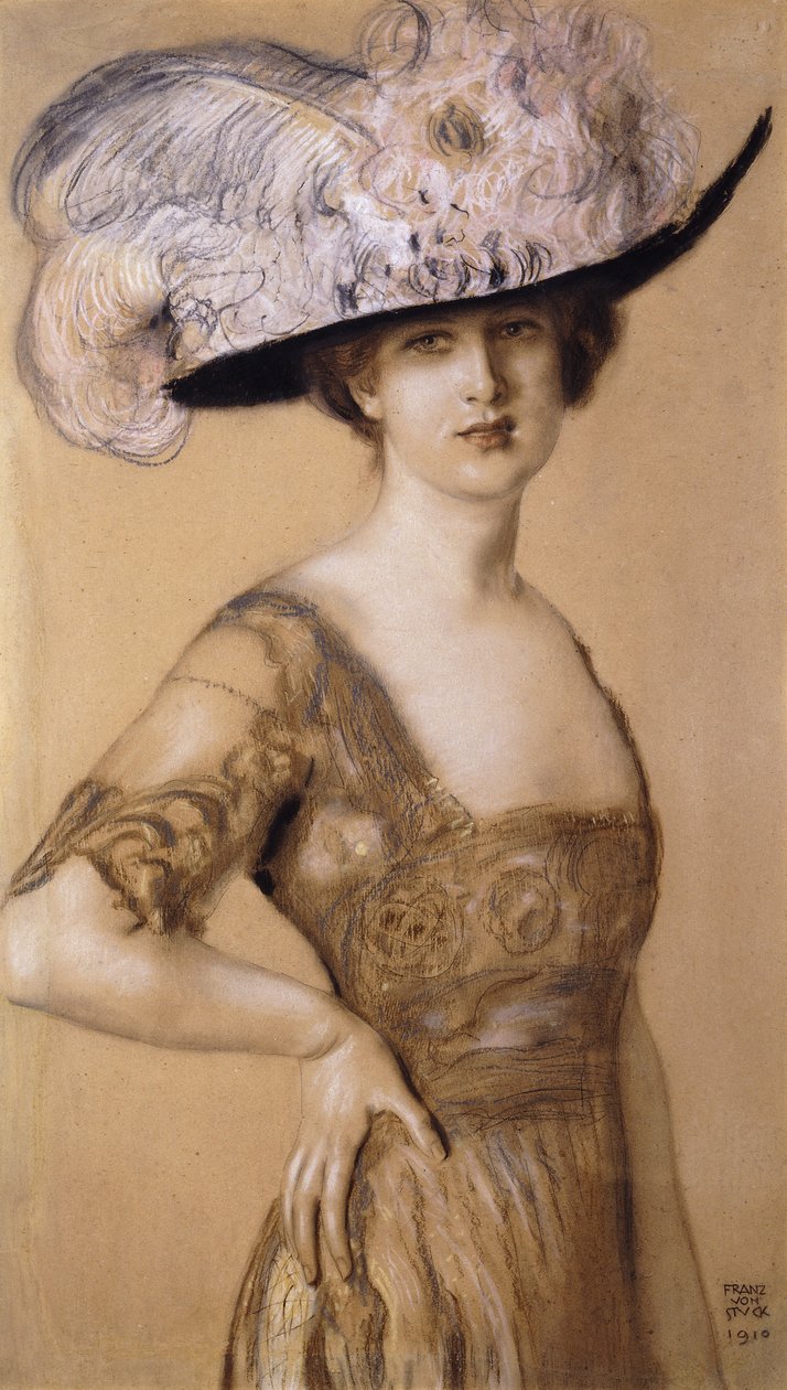 Porträtt av en dam som bär en fjäderhatt, 1910 av Franz von Stuck